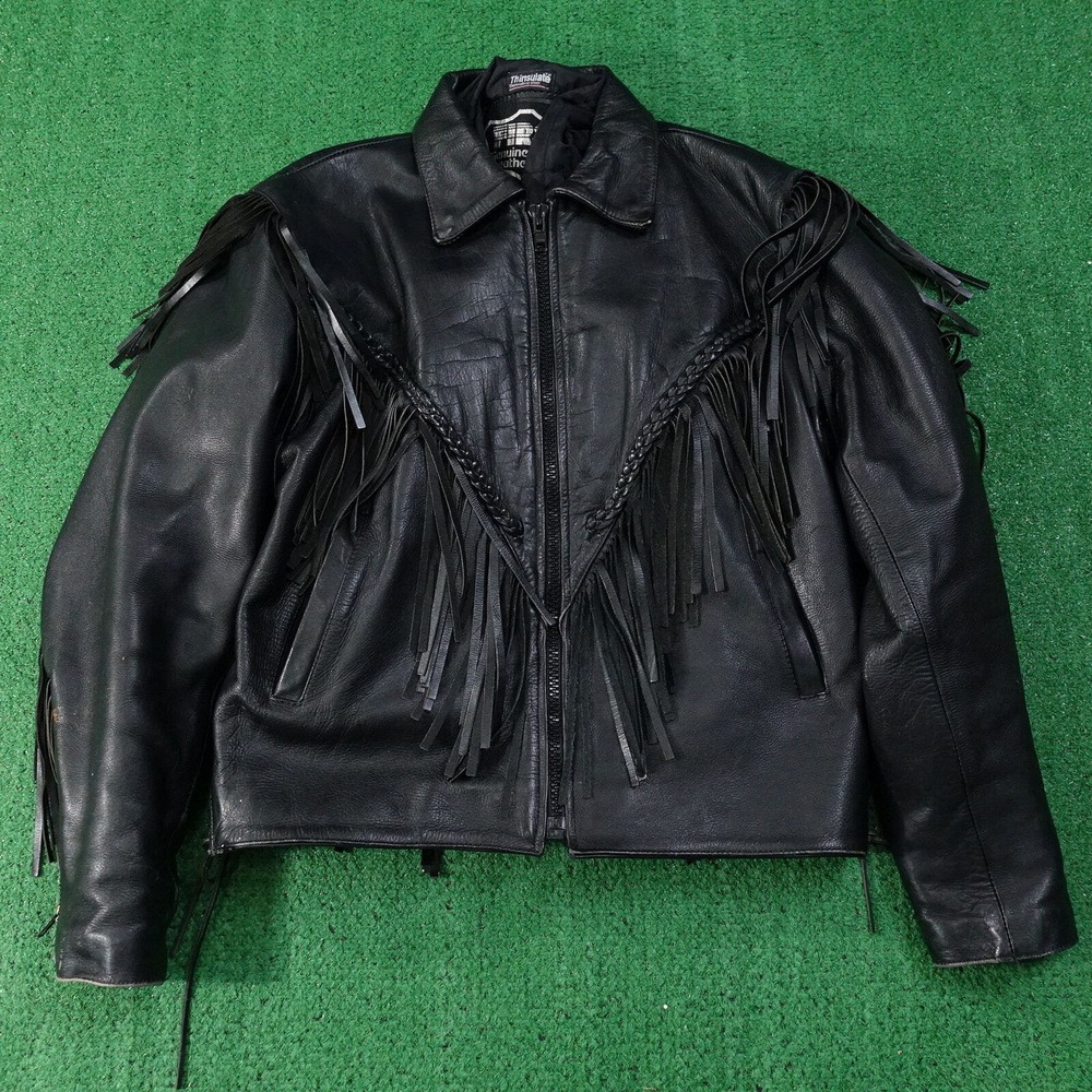 VINTAGE FIRST GENUINE LEATHER LINED TASSELS LEATHER BIKER MOTORCYCLE JACKET 16